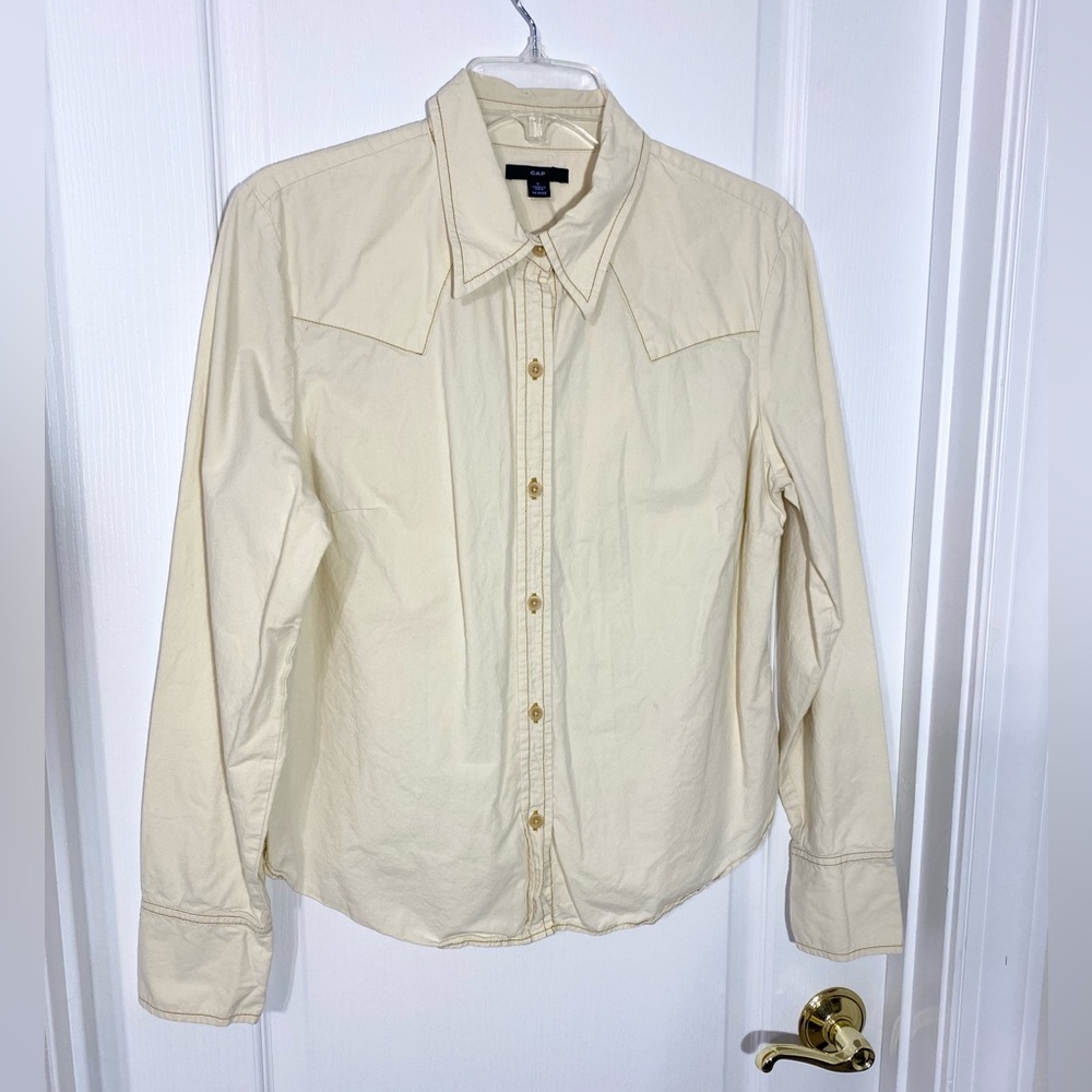 90s VTG GAP Western Contrast Stitch Button Down Shirt Cream Tan Size Large